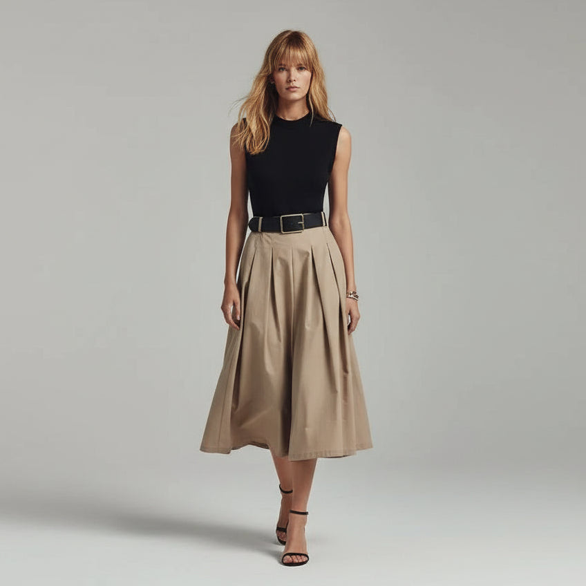 Vestido Midi Plissado em Tricot com Cinto para Festas Lenogue Preto e Bege / Pp