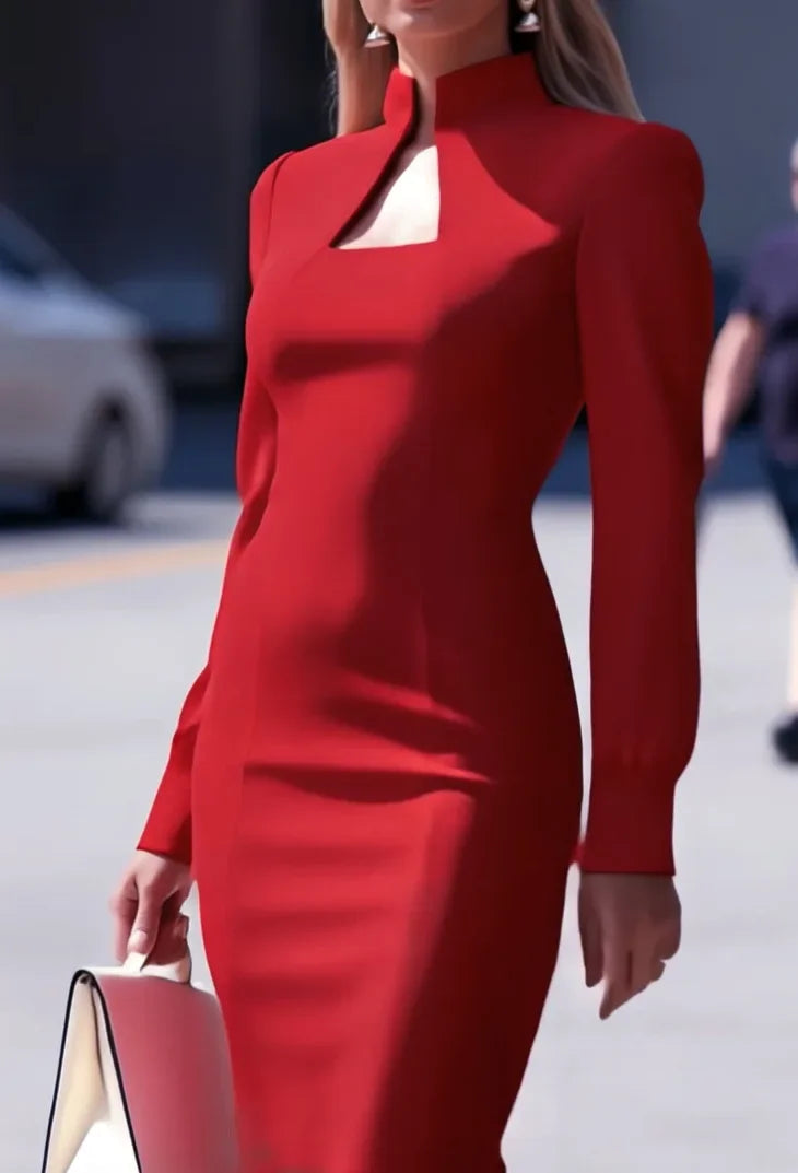 Vestido Midi Tubinho Gola Alta Ombreiras Saia Transpassada Lenogue