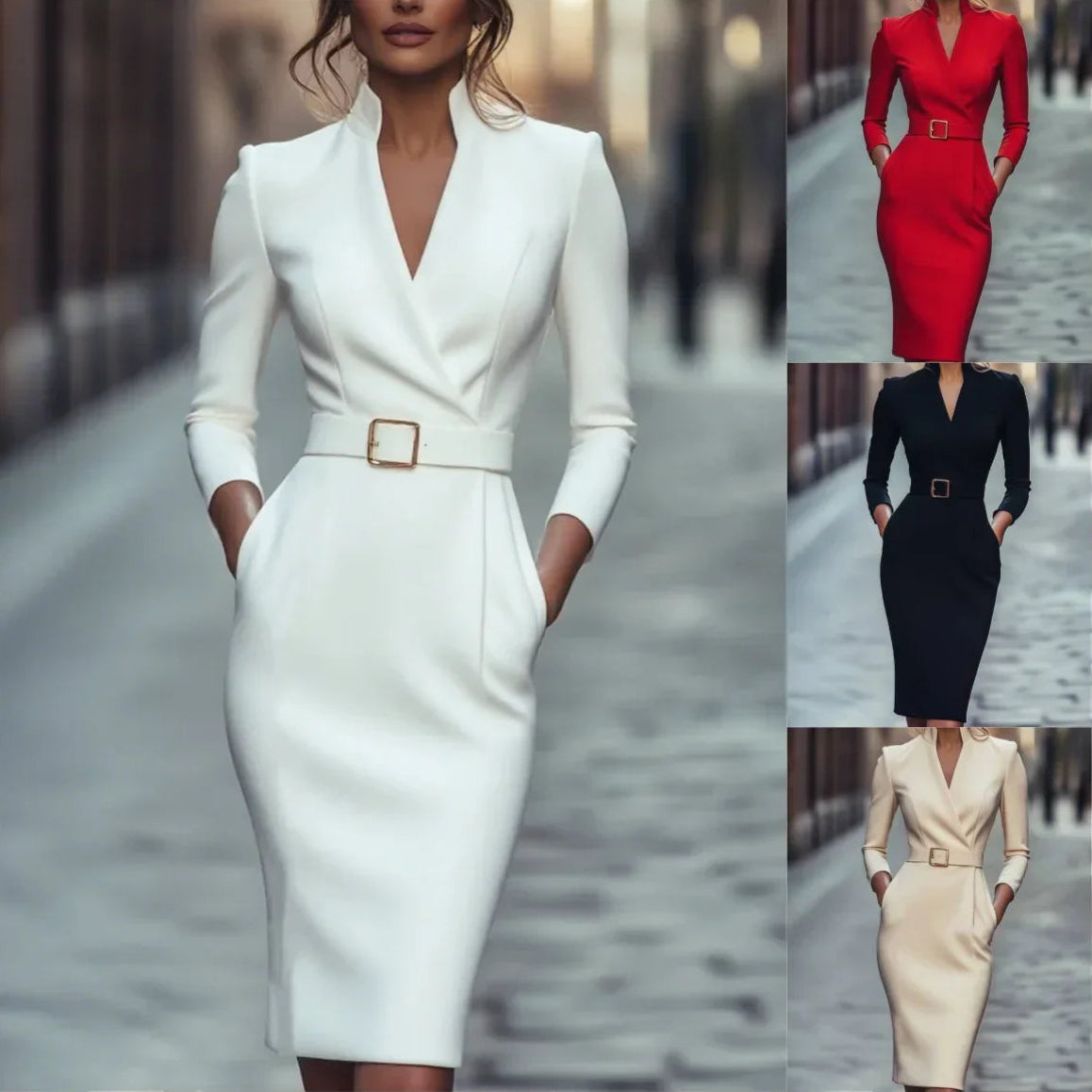 Vestido Midi Tubinho Jersey Gola Alta Cintura Marcada Lenogue