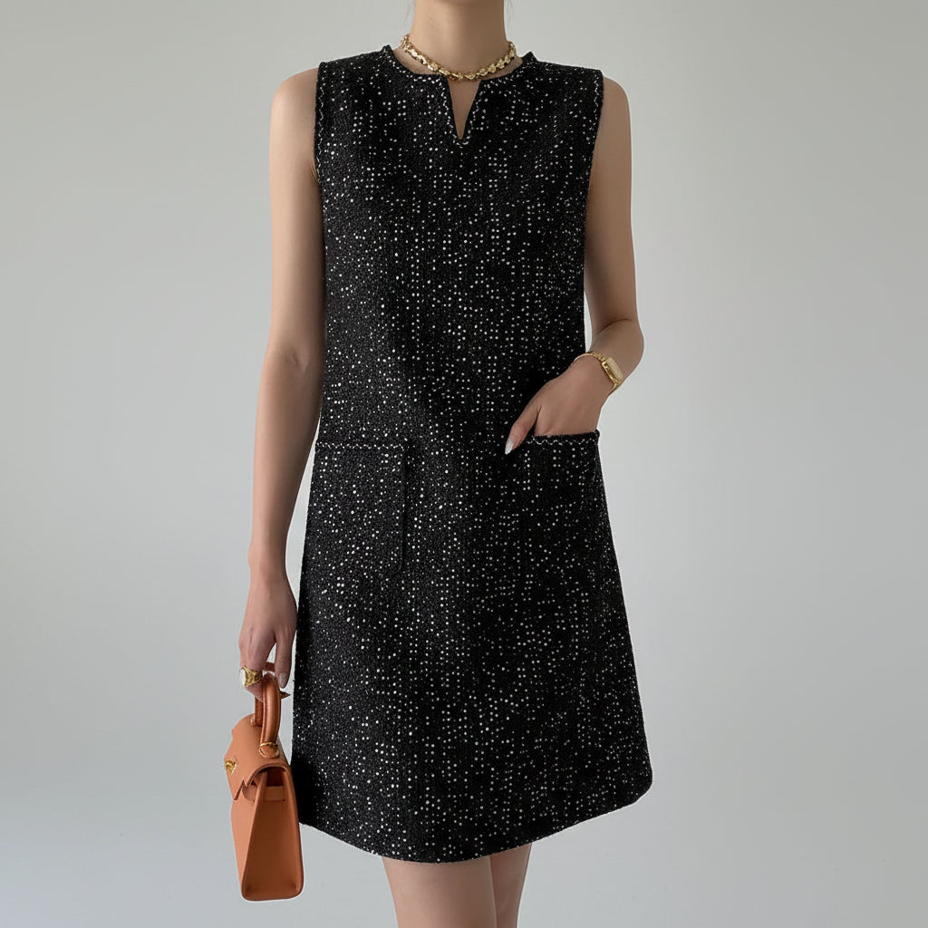 Vestido Tweed sem Mangas Bordado em Paetês Lenogue Preto / p